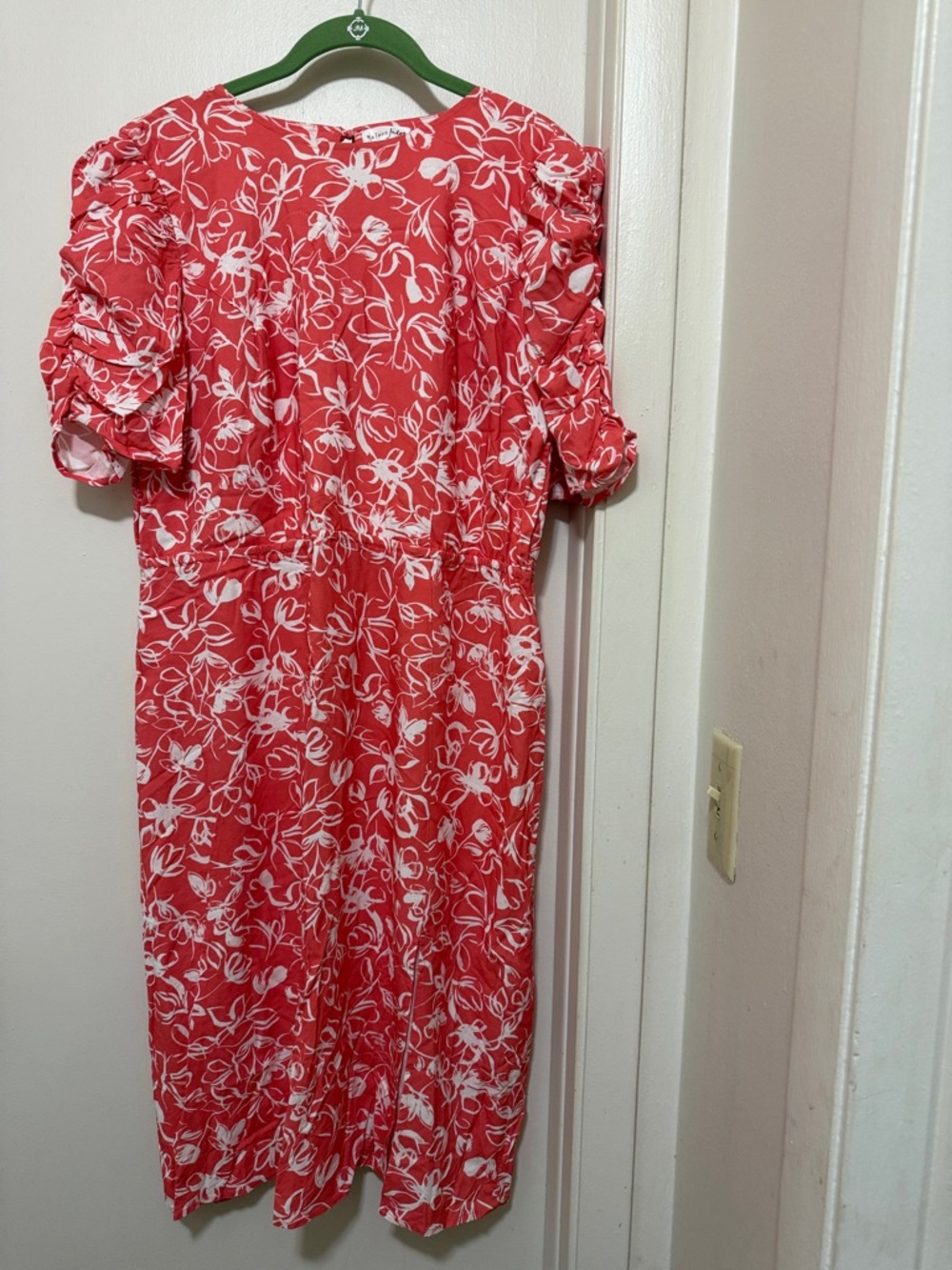Maison Jules Coral Floral Midi Dress with Puff Sleeves